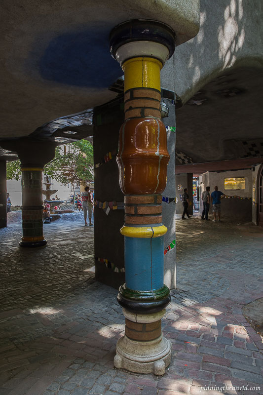 A colourful pillar at Hundertwasser huas in Vienna