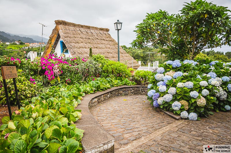 Gardens surrounding the typical Santana houses, colourful flowers and blue hydrangeas
