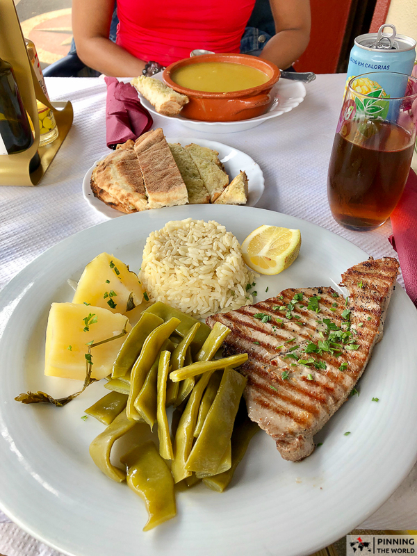 tuna steak served with rice, potatoes, beans and garlic bread at Serra e Mar restaurant, Santana, Madeira